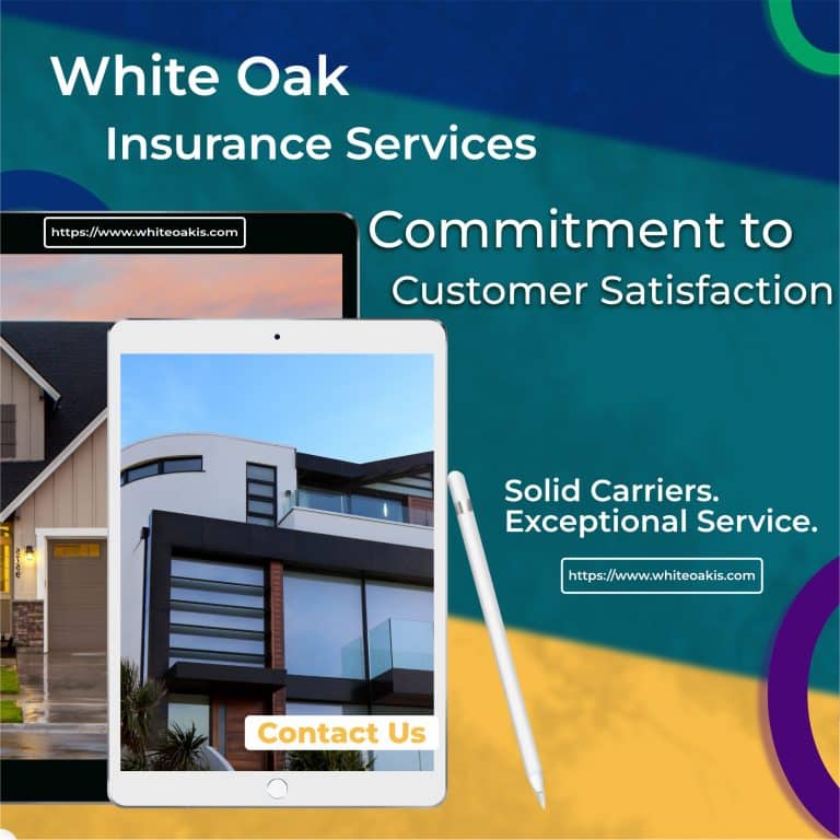 Two iPads standing with a stylist in front with the words White Oak Insurance Services Commitment to Customer Satisfaction