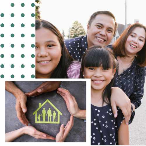 This photo is in the image-in-image format. The upper right corner Is a family of four gathered around each other, posing for a photo. In the lower right is an outline of a House in chalk with several hands protecting it in a circle. Representing how in this family's particular situation Variable Life Insurance was the right choice for them.